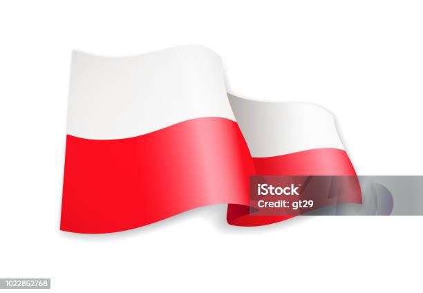 Drapeau Pologne Ondulant Sur Blanc Drapeau Dans Le Vent Vecteurs libres de droits et plus d'images vectorielles de Drapeau polonais