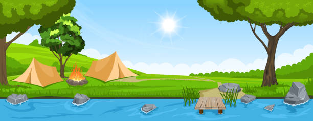 Rural summer landscape. Rural summer landscape. Tent camp on the river bank background of a camping stock illustrations
