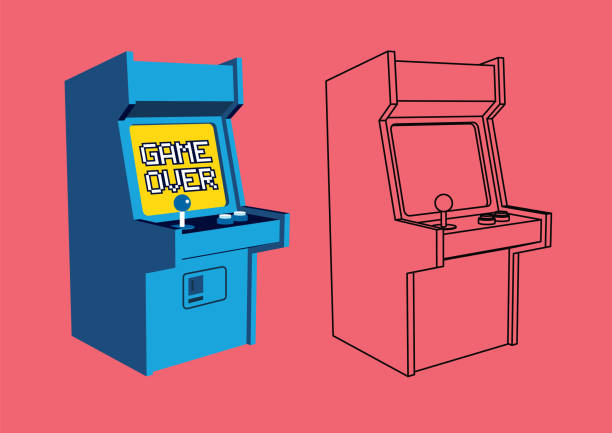 illustrations, cliparts, dessins animés et icônes de illustration vectorielle de machine de jeu d’arcade rétro avec contour - arcade