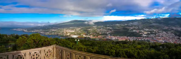 Aerial panoramic view to Angra do Heroismo from Monte Brasil mountain, Terceira at Azores, Portugal