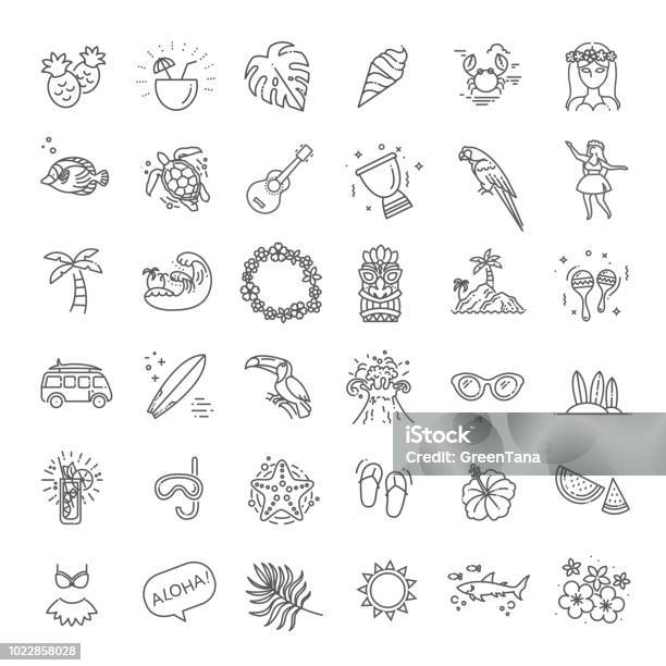 Tropical Summer Hawaii Icon Set With White Background Stock Illustration - Download Image Now