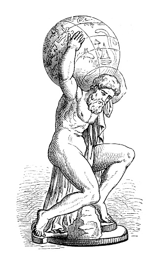 Greek goddess Atlas who was a Titan condemned to hold up the sky for eternity after the Titanomachy
Original edition from my own archives
Source : Illustrierte Mythologie, Spamer 1879