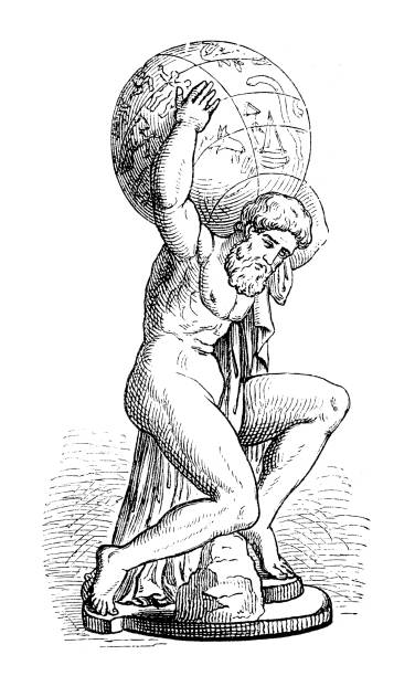 Greek goddess Atlas holding the globe Greek goddess Atlas who was a Titan condemned to hold up the sky for eternity after the Titanomachy
Original edition from my own archives
Source : Illustrierte Mythologie, Spamer 1879 mythological character stock illustrations