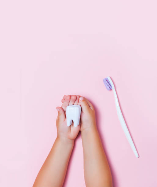 istock Child's hands holding big tooth and toothbrush 1022879126