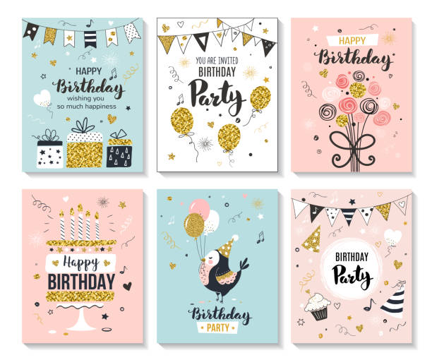 Happy birthday greeting card. Happy birthday greeting card and party invitation templates, vector illustration, hand drawn style. congratulating illustrations stock illustrations