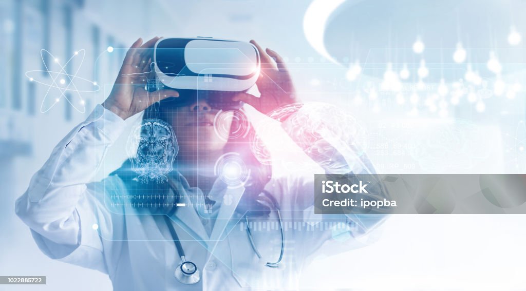 Medical technology concept. Mixed media. Female doctor wearing virtual reality glasses. Checking brain testing result with simulator interface, Innovative technology in science and medicine. Healthcare And Medicine Stock Photo