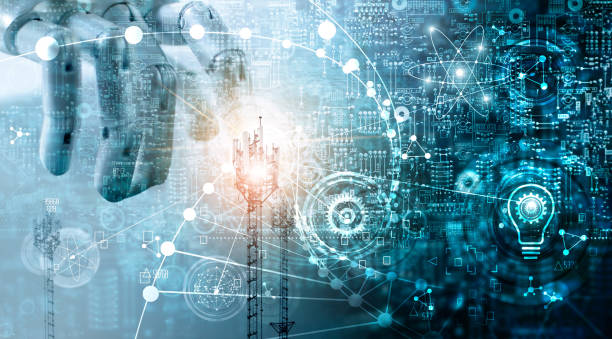istock Futuristic technology concept, Mixed media, Innovations data systems connecting people and robots devices. AI, Artificial Intelligence, Robotic hand on blue circuit board background. Innovative technologies and communication 1022887944