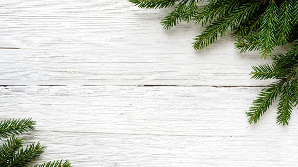 istock Christmas background with fir branches on white wooden board 1022888410