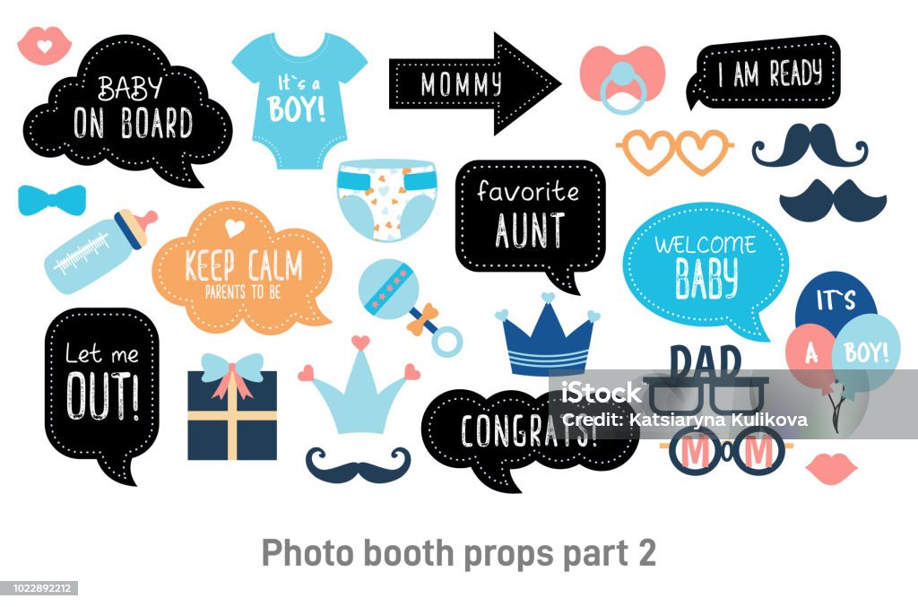 Baby shower photo booth photobooth props set Baby shower photo booth props. Happy birthday party for boy. Blue cards and speech bubble with funny quotes for new born and parents. Vector photobooth set: bottle, nippel, stroller Birthday stock vector