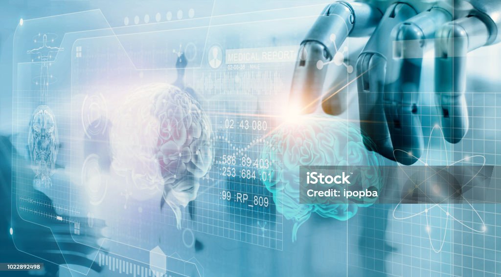 Robot checking brain testing result with computer interface, futuristic human brain analysis, innovative technology in science and medicine concept Artificial Intelligence Stock Photo