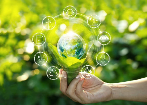 Hand holding light bulb against nature on green leaf with icons energy sources for renewable, sustainable development. Ecology concept. Elements of this image furnished by NASA. Hand holding light bulb against nature on green leaf with icons energy sources for renewable, sustainable development. Ecology concept. Elements of this image furnished by NASA. sustainable energy stock pictures, royalty-free photos & images