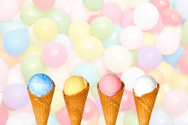 istock Ice cream cones on colorful soft balloons background 1022908176