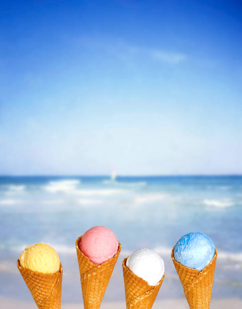 istock Ice cream cones on blue beach background 1022910442