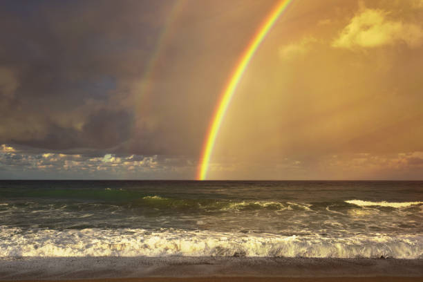 istock Rainbow over the sea and tropical beach. Top view. 1022911624