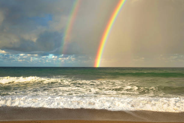 istock Rainbow over the sea and tropical beach. Top view. 1022911682
