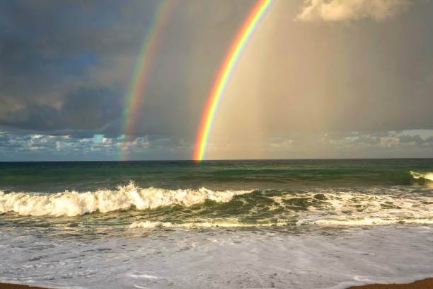 istock Rainbow over the sea and tropical beach. Top view. 1022911766