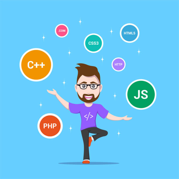 programmer man character picture of a smart programmer man, with programming languages and technologies signs around, flat style banner design, coding, programming, application development concept yoga tree pose icon stock illustrations