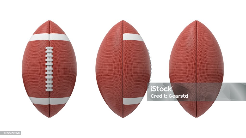 3d rendering set of oval American football ball isolated on a white background 3d rendering set of oval American football ball isolated on a white background. Sport and recreation. Ball games. Athletic career. American Football - Sport Stock Photo