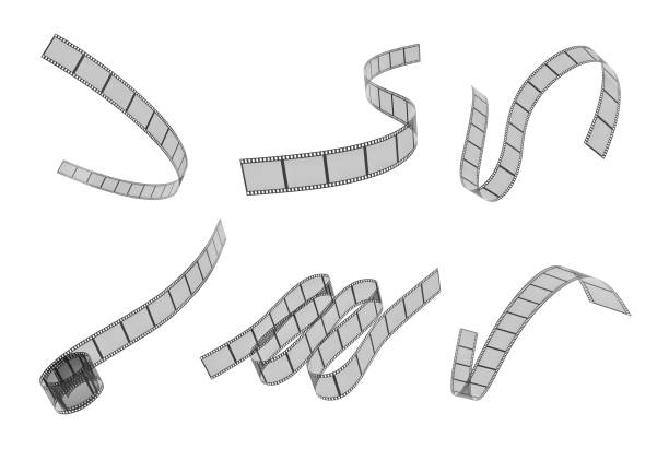3d rendering of six differently placed filmstrips placed bended on a white background. Film and cinema. Cinema and art. Media and popular culture.