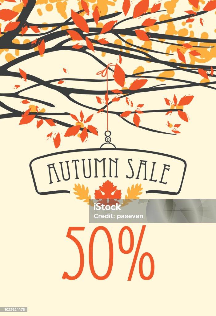Autumn sale banner with inscription and branches Vector banner with words Autumn sale. Autumn landscape with autumn leaves on the branches of trees in a Park or forest. Can be used for flyers, banners or posters. Autumn stock vector