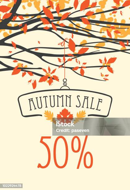 Autumn Sale Banner With Inscription And Branches Stock Illustration - Download Image Now - Autumn, Backgrounds, Leaf