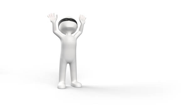 A simple 3D figure stands in a neutral pose, featuring a round head and basic body shapes. The design is minimalistic, allowing for various animation possibilities. This is a 3d render illustration