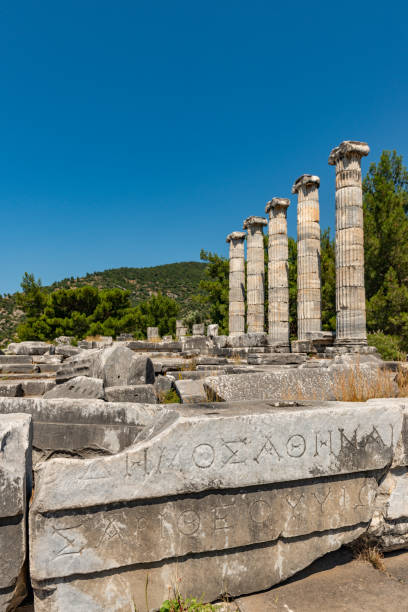 riene, ancient city of Ionia about 6 miles (10 km) north of the Menderes (Maeander) River and 10 miles (16 km) inland from the Aegean Sea, in southwestern Turkey. Its well-preserved remains are a major source of information about ancient Greek town planning.
By the 8th century BC Priene was a member of the Ionian League, whose central shrine, the Panionion, lay within the city’s territory. Priene was sacked by Ardys of Lydia in the 7th century BC but regained its prosperity in the 8th. Captured by the generals of the Persian king Cyrus (c. 540), the city took part in several revolts against the Persians (499–494). Priene originally lay along the Maeander River’s mouth, but about 350 BC the citizens built a new city farther inland, on the present site. The new city’s main temple, of Athena Polias, was dedicated by Alexander the Great in 334. The little city grew slowly over the next two centuries and led a quiet existence; it prospered under the Romans and Byzantines but gradually declined, and after passing into Turkish hands in the 13th century AD, it was abandoned. Excavations of the site, which is occupied by the modern town of Samsun Kale, began in the 19th century.
Modern excavations have revealed one of the most beautiful examples of Greek town planning. The city’s remains lie on successive terraces that rise from a plain to a steep hill upon which stands the Temple of Athena Polias. Built by Pythius, probable architect of the Mausoleum of Halicarnassus, the temple was recognized in ancient times as the classic example of the pure Ionic style. Priene is laid out on a grid plan, with 6 main streets running east-west and 15 streets crossing at right angles, all being evenly spaced. The town was thereby divided into about 80 blocks, or insulae, each averaging 150 by 110 feet (46 by 34 m). About 50 insulae are devoted to private houses; the better-class insulae had four houses apiece, but most were far more subdivided. aydin - turquía. 03 de junio, ruinas de la antigua ciudad de priene. soke, aydin - turkey.priene es una antigua ciudad helenística situada justo al norte de mileto en turquía occidental. fue una antigua ciudad griega de santo y el inicio de un importan