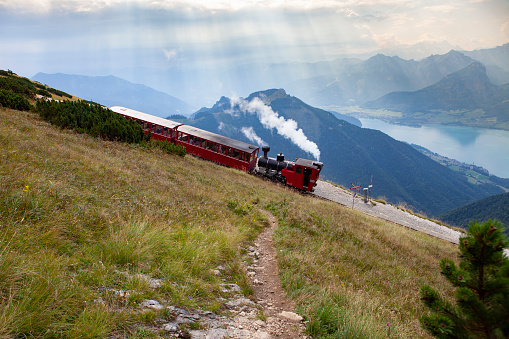 cogwheel railway schafbergbahn going uphill, Austria