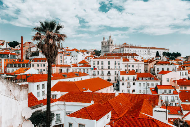 Alfama from above, Lisbon Alfama district in Lisbon. National Pantheon (The Church of Santa Engrácia ) and The Church or Monastery of São Vicente de Fora on the background. national pantheon lisbon stock pictures, royalty-free photos & images