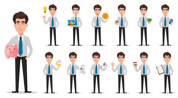ilustrações de stock, clip art, desenhos animados e ícones de business man in office style clothes - group of objects business human resources laptop