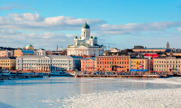 Helsinki cityscape with Helsinki Cathedral in winter, Finland stock photo