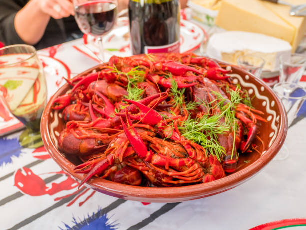 istock Swedish cray fish party bowl on a table. Dinner or lunch. 1022969024