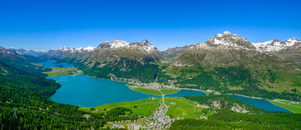 Sils and Silvaplana Lakes seen from above, Upper Engadine valley (Graubünden, Switzerland)