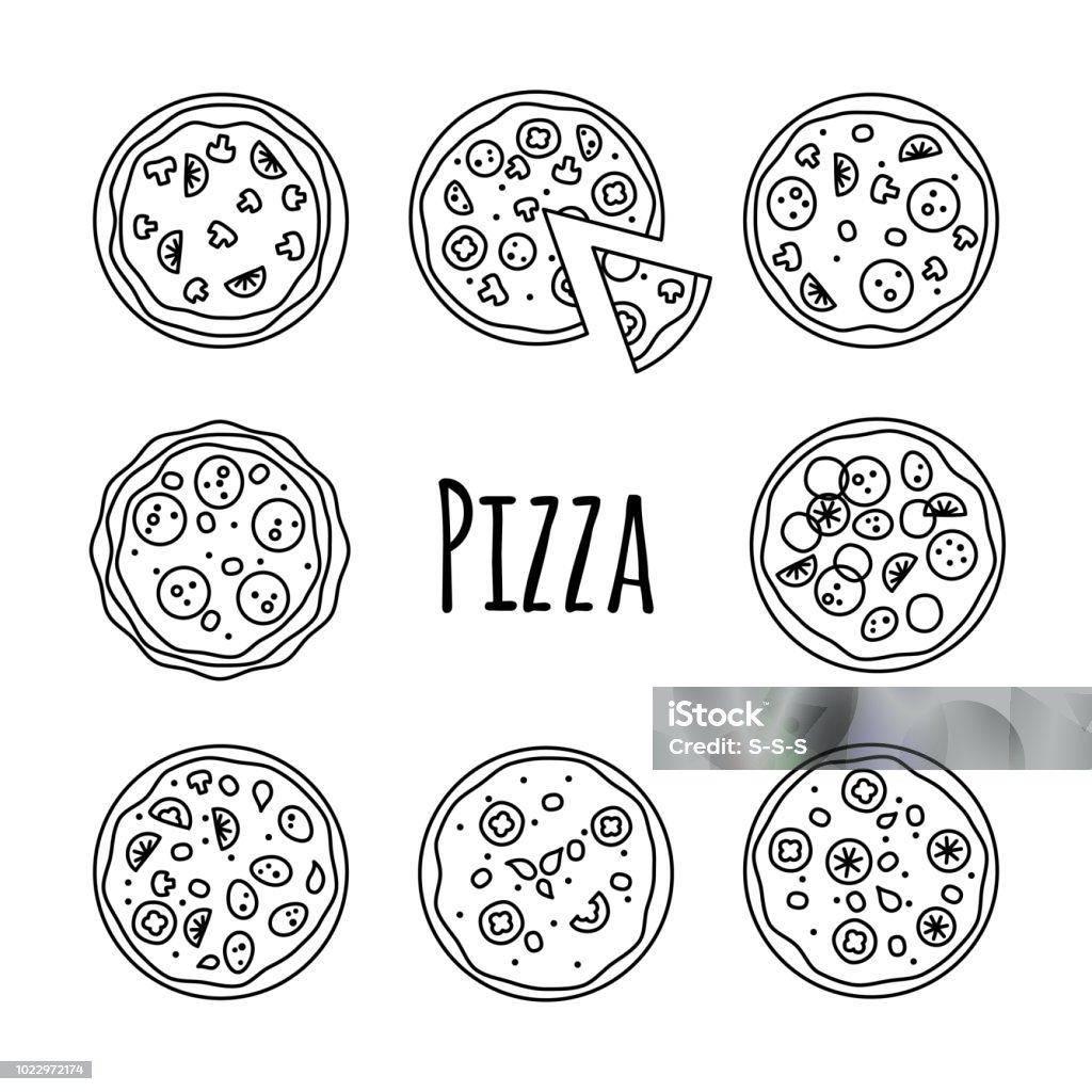 Illustrazione vettoriale set di icone di linea su bianco - arte vettoriale royalty-free di Pizza