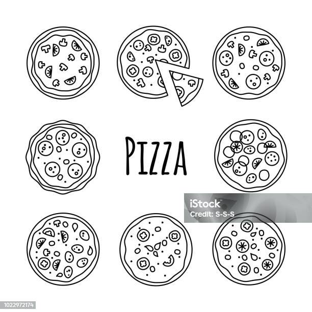 Illustrazione Vettoriale Set Di Icone Di Linea Su Bianco - Immagini vettoriali stock e altre immagini di Pizza