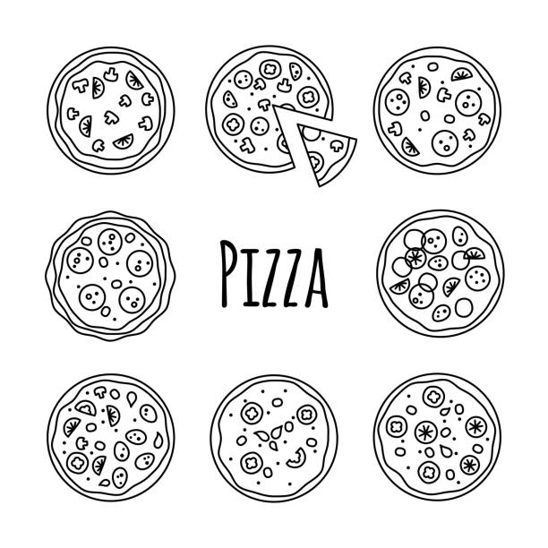 ilustrações, clipart, desenhos animados e ícones de ilustração em vetor conjunto linha ícones pizza em branco - pizza pepperoni vector ingredient