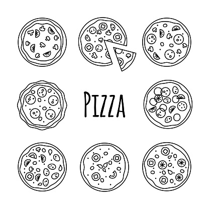 Line icons pizza set. Big fast food outline collection, vector illustration