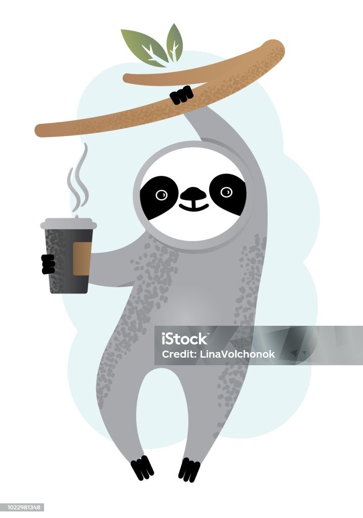 Cute vector sloth bear animal with coffee. Lazy day Cute vector sloth bear animal with coffee. Can be used for cards, flyers, posters, t-shirts. Animal stock vector