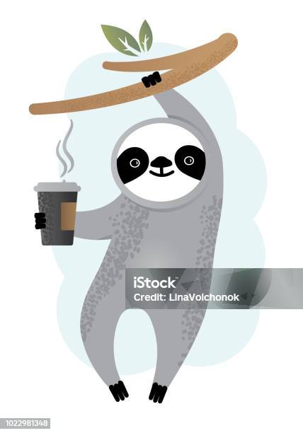 Cute Vector Sloth Bear Animal With Coffee Lazy Day Stock Illustration - Download Image Now
