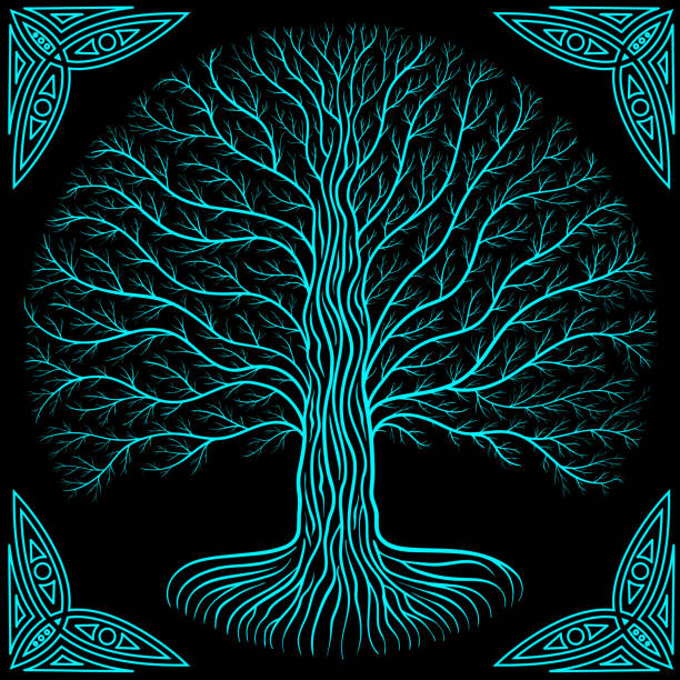 illustrations, cliparts, dessins animés et icônes de druidique arbre yggdrasil nuit, silhouette ronde, logo style celtique. cadre et bordure de style gothique livre ancien - yggdrasil