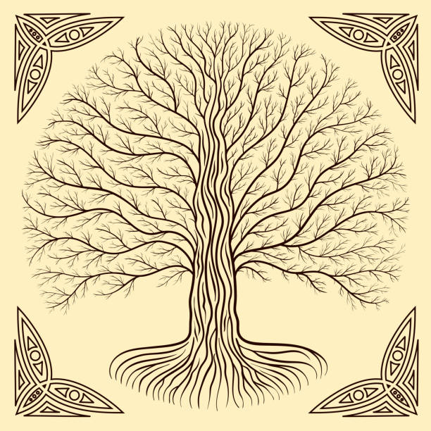 illustrations, cliparts, dessins animés et icônes de druidique yggdrasil arbre, silhouette ronde, logo grunge crème et brun. style gothique livre ancien - yggdrasil