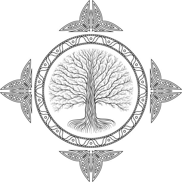 ilustraciones, imágenes clip art, dibujos animados e iconos de stock de árbol yggdrasil druídica en la noche, silueta redonda, logo de estilo celta. marco y frontera de estilo gótico antiguo libro - yggdrasil