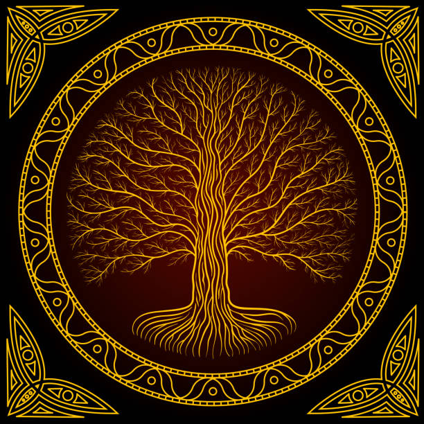 druidischen yggdrasil baum in der nacht, runde silhouette, keltischen stil logo. gotischen alten buch stil grenze und rahmen - celtic culture illustrations stock-grafiken, -clipart, -cartoons und -symbole