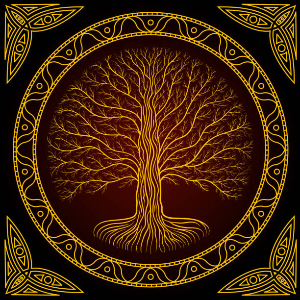 ilustraciones, imágenes clip art, dibujos animados e iconos de stock de árbol yggdrasil druídica en la noche, silueta redonda, logo de estilo celta. marco y frontera de estilo gótico antiguo libro - yggdrasil