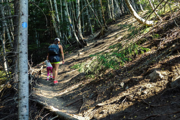 istock Hiking uphill a mountain. Mom and daughter walk on a path in a steep hillside 1023000708