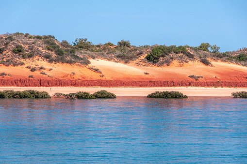 Broome, WA, Australia - November 29, 2009: Closeup of Horizontal line made by red dunes with some green vegetation on top separates blue sky from blue water.