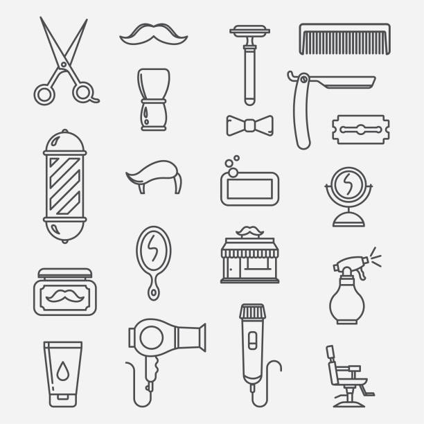 ilustraciones, imágenes clip art, dibujos animados e iconos de stock de iconos de lineart barbershop - barbero peluquero