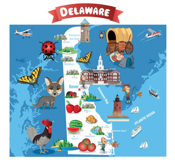 Cartoon Map of Delaware Cartoon Map of Delaware

I have used 
http://legacy.lib.utexas.edu/maps/united_states/fed_lands_2003/delaware_2003.pdf
http://legacy.lib.utexas.edu/maps/united_states/fed_lands_2003/maryland_2003.pdf
address as the reference to draw the basic map outlines with Illustrator CS5 software, other themes were created by 
myself. delaware rooster stock illustrations