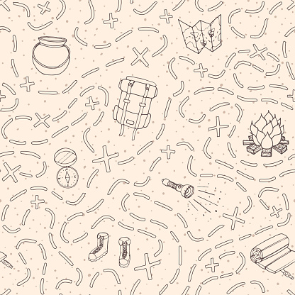 Hand drawn vector camping seamless pattern with backpack, bonfire, shoes, map, cauldron, sleeping bag, flashlight, compass and path to location outline. Travel ornament on the beige dotted background.