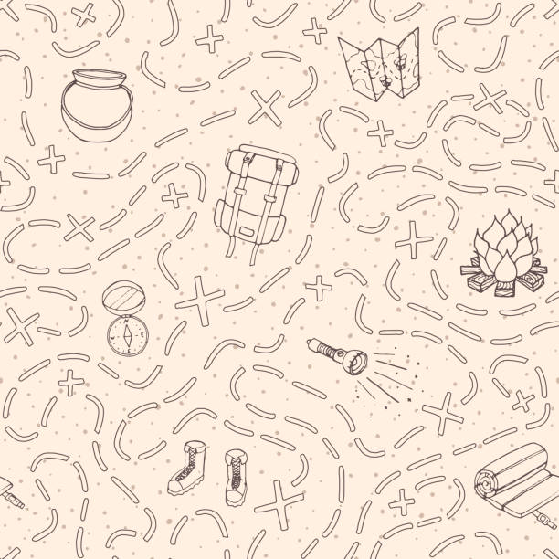 Hand drawn vector camping seamless pattern with backpack, bonfire, shoes, map, cauldron, sleeping bag, flashlight, compass and path to location outline. Travel ornament on the beige dotted background. Hand drawn vector camping seamless pattern with backpack, bonfire, shoes, map, cauldron, sleeping bag, flashlight, compass and path to location outline. Travel ornament on the beige dotted background. camping patterns stock illustrations